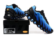 Blue and black Nike Air Max DN8 sneakers shown with a shoe box; the box label shows a sample size.