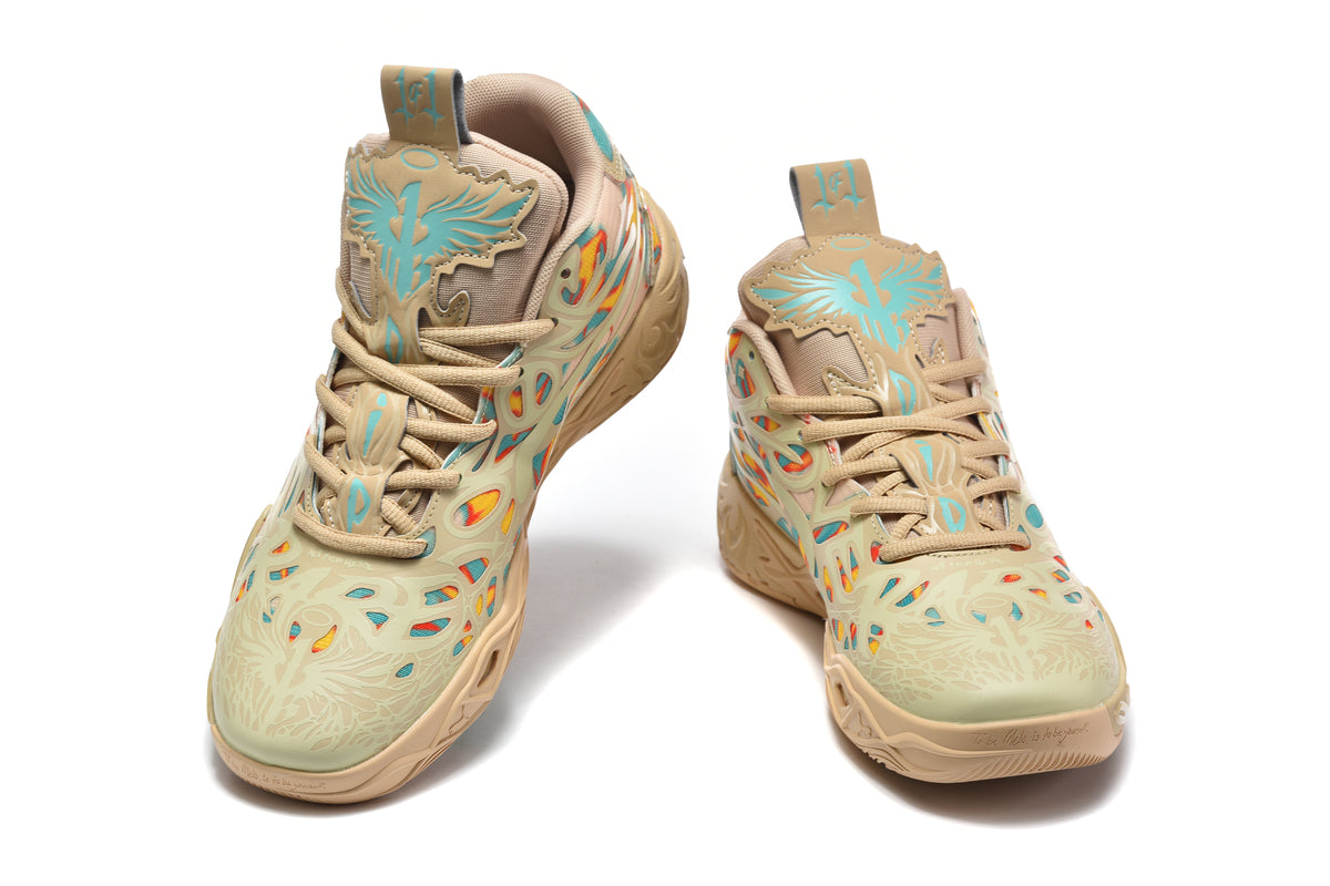 Front view of beige high-top sneakers with turquoise wing-like tongue graphics and multicolor panel accents.