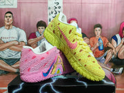 Pink and yellow basketball shoes shown at an angle, highlighting their textured uppers.
