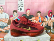Side view of a burgundy Nike basketball shoe with a gold Swoosh, lace-up closure, and translucent heel section