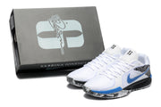 White and blue Nike basketball shoes beside a box labeled Sabrina Ionescu