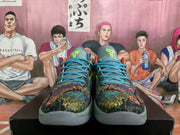 Front view of Nike Zoom sneakers with teal laces, illustrated multicolor uppers, green tongues, and gray-green soles.