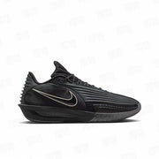 Opposite side view of a black Nike basketball shoe showing the ribbed upper, lace-up closure, Swoosh, and textured outsole.
