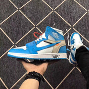Blue and white high-top sneaker shown in profile with a contrasting side Swoosh and printed midsole detail.