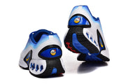 Rear views of blue and white sneakers showing heel and outsole details