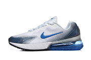 Side profile of a white Nike Air Max sneaker with a blue Swoosh and dotted blue gradient pattern.