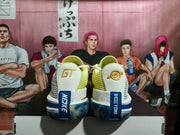 Rear view showing gold-tone heel emblems and blue heel accents on white and yellow Nike shoes.