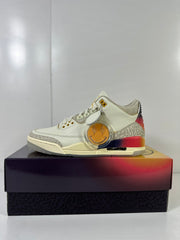 Side view showing the translucent round accessory, elephant-print overlays and gradient heel.