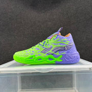 Side profile of the purple high-top sneaker with bright green overlays, a contrasting side graphic and a sculpted purple-and-green sole.