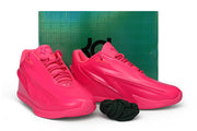Pair of vivid pink Nike KD 19 basketball shoes displayed with a shoe box.