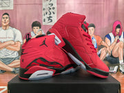 Pair of red and black high-top sneakers shown from multiple angles