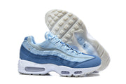 Blue Nike Air Max 95 sneakers shown from the side, with the outsole visible.