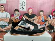 Side profile highlighting the patterned side panel, Nike swoosh, black upper, and gum-colored sole.