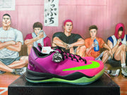 Side view of a pink and purple Nike basketball shoe with a neon green swoosh and translucent green outsole.
