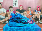 Side view showing the blue and multicolor printed upper and sculpted sole