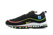 Side profile of a black Nike Air Max 97 sneaker with colorful accents and a visible cushioning unit.