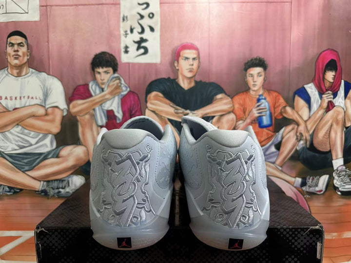 Rear view of grey Jordan basketball shoes with patterned heel panels and heel logos