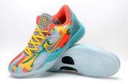 Multicolor basketball sneaker shown from the front and outsole, featuring yellow laces, a yellow side Swoosh, and turquoise detailing.