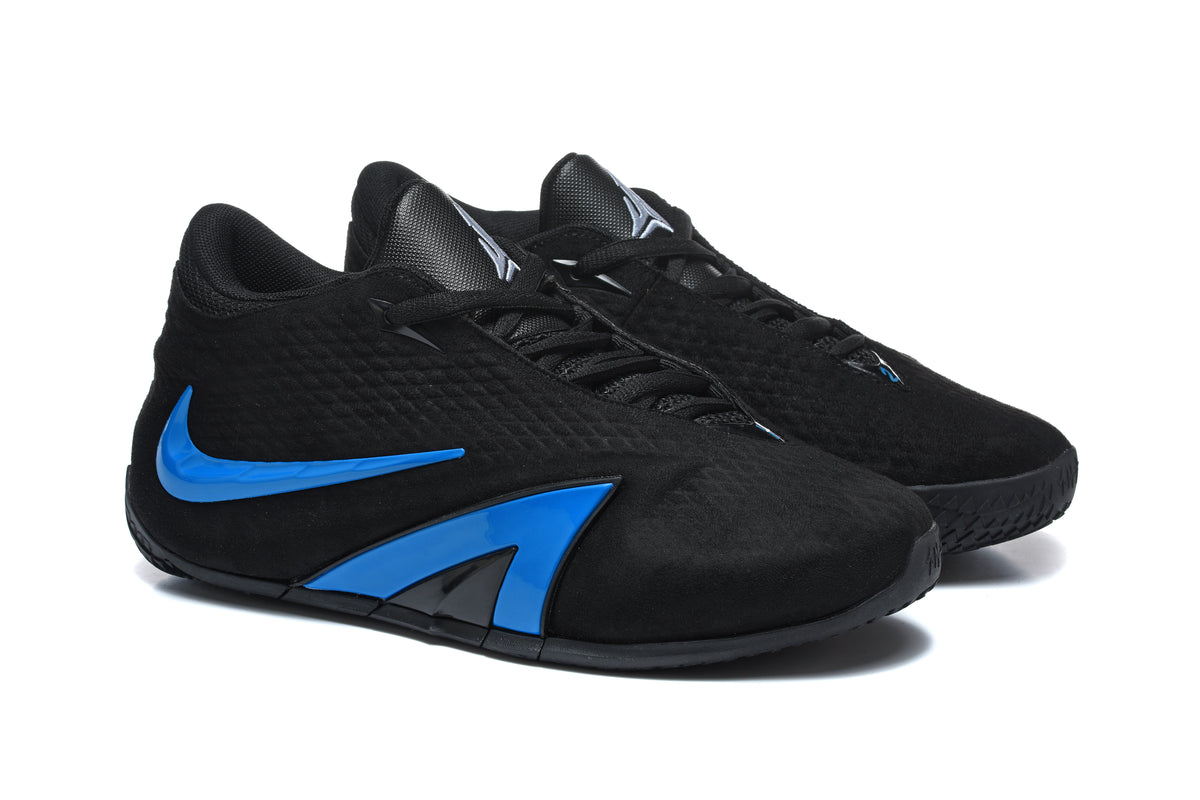 Pair of black low-top sneakers with bright blue side accents, shown from the side