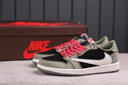 Pair of low-top sneakers shown from the side in black, grey, white, and red, with a branded shoebox behind them.
