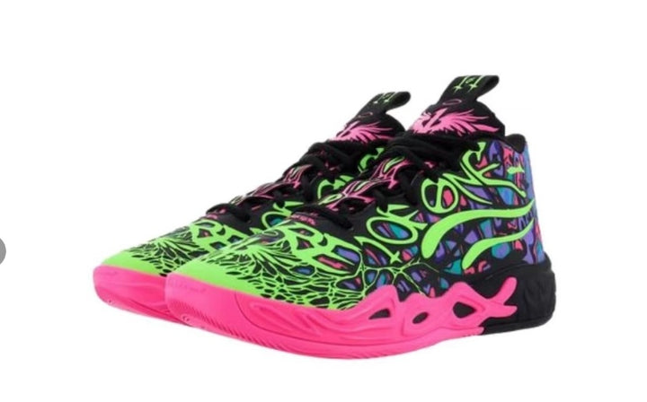 Pair of low-top sneakers with neon green, hot pink, black, and multicolor graphics
