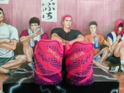 Rear view of pink and purple basketball shoes showing LeBron XX heel details