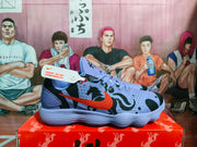 Side profile of a purple basketball sneaker with black graphic panels, a red Nike Swoosh, and a ridged outsole.