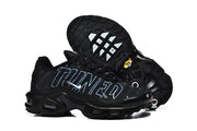 Black Nike Air Max Plus sneakers shown from the side and outsole, with blue lettering and light blue outsole accents.