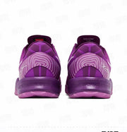 Rear view of a purple Kobe 8 sneaker pair showing patterned heel panels and padded collars.