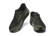 Top and front views of olive and black Nike lace-up running shoes.