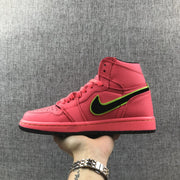 Opposite side view showing the hot pink mid-top sneaker and black outsole.