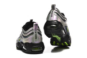 Rear and outsole views of Nike Air Max 97 sneakers, showing “Ducks of a Feather” heel tabs.