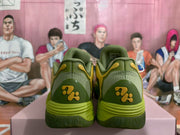 Rear view of the sneaker pair showing padded collars, yellow heel accents and decorative heel emblems.