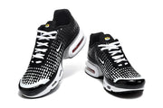 Front and angled views of black and white Nike Air Max Plus VII sneakers.