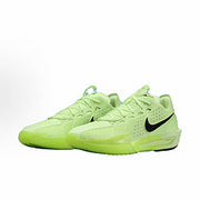 Pair of bright lime-green Nike basketball sneakers with black Swooshes.