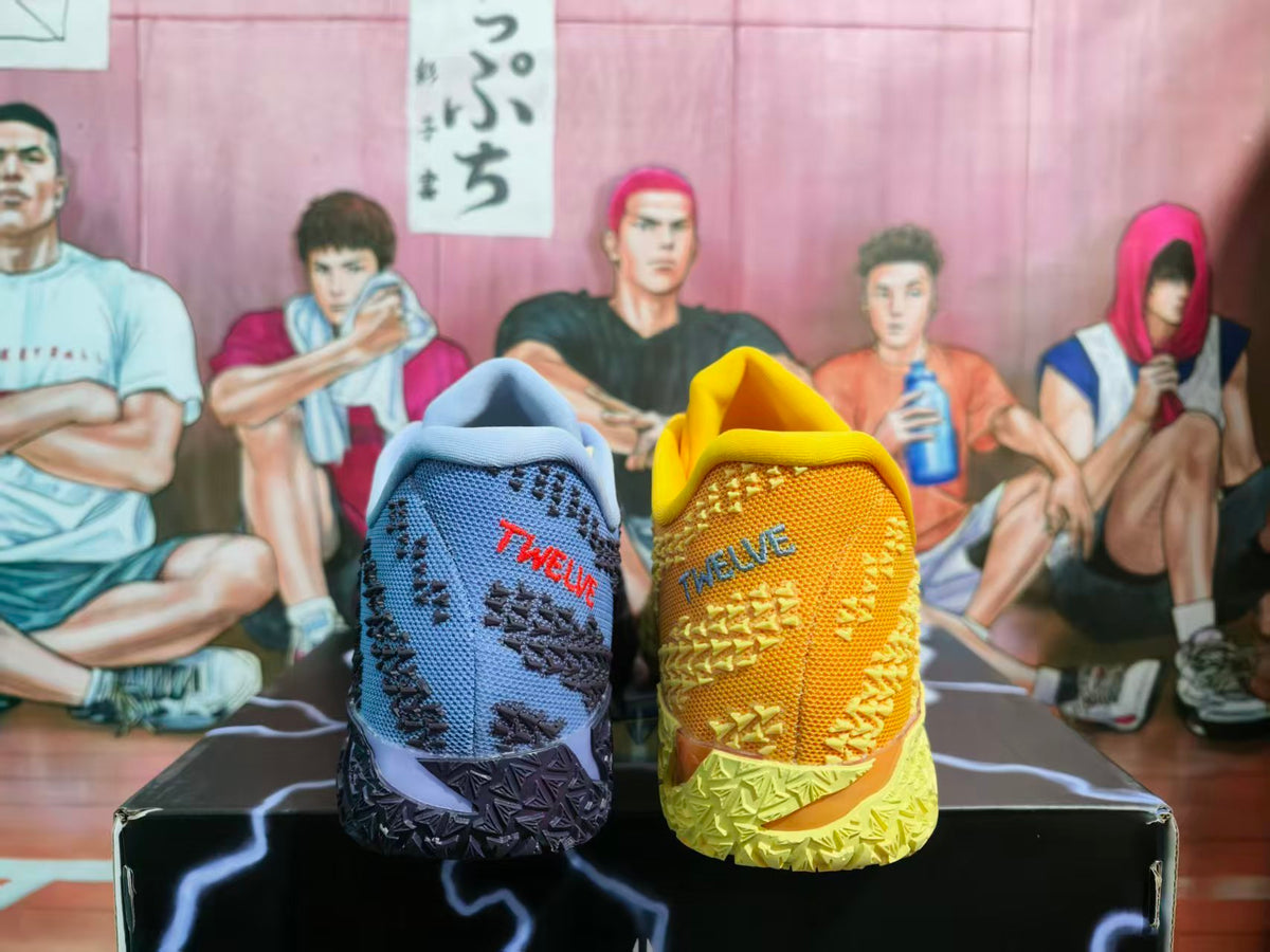 Front view of mismatched yellow and blue Nike sneakers on a black shoe box.