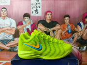 Side view of a volt green Nike basketball shoe showing its textured upper and contrasting swoosh.