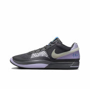 Side view of a black and gray low-top basketball sneaker with a light Swoosh and lavender outsole accent.
