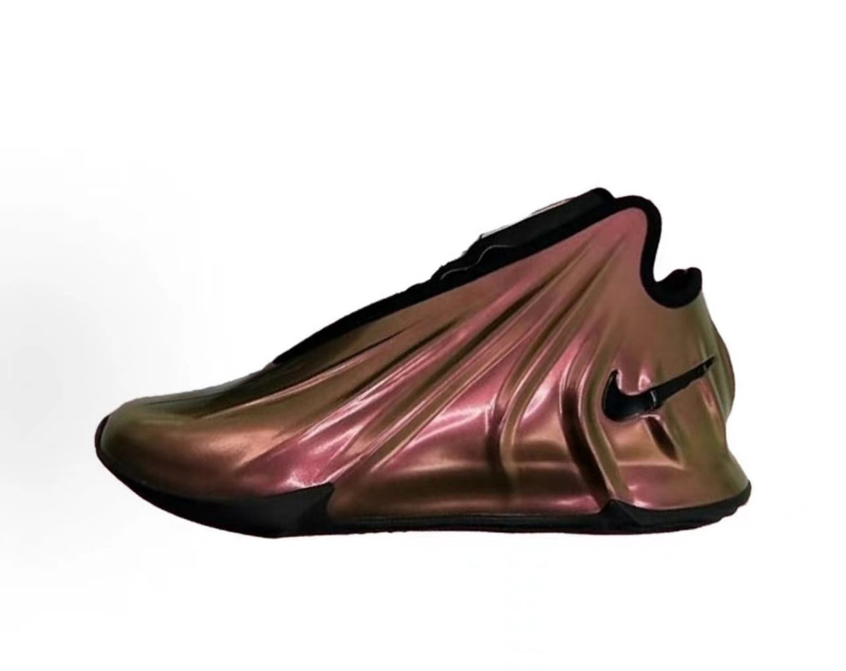 Side view of Nike sneakers with a metallic bronze and rose-toned sculpted upper, black trim and black outsole on a white background.