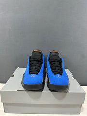 Front view of the pair showing black laces, blue uppers, orange tongue logos, and black toe sections.