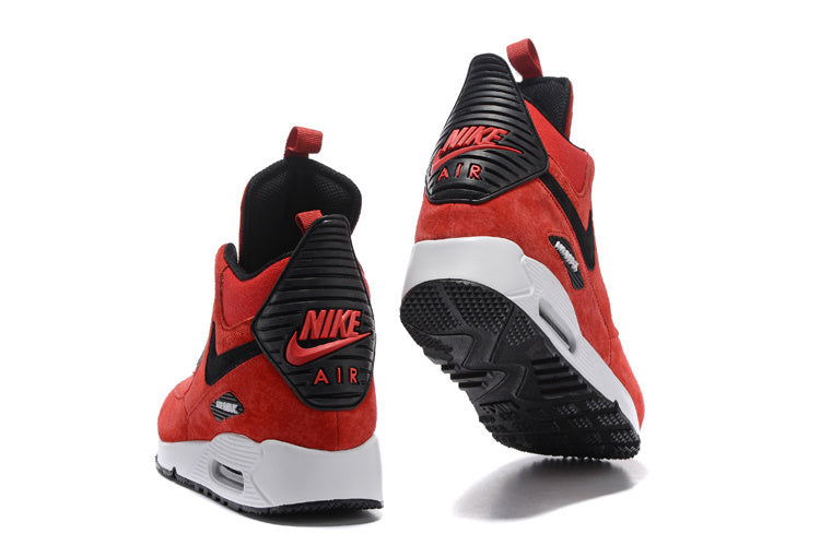 Rear views of red and black Nike Air Max 90 high-top sneakers, showing heel details and outsole.