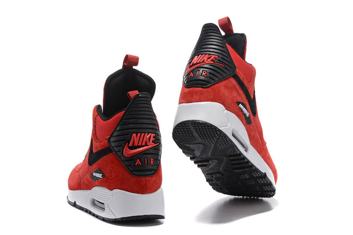 Rear views of red and black Nike Air Max 90 high-top sneakers, showing heel details and outsole.