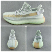Collage showing side, front, and rear views of the pale green and beige sneakers.