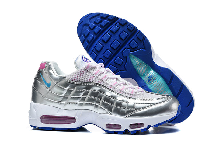 Nike Air Max 95 sneakers showing the silver upper and blue outsole