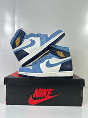 Pair of blue, white, and navy high-top sneakers shown from opposite side angles