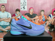 Side view of the ice-blue Nike basketball sneaker with a black Swoosh and textured upper.