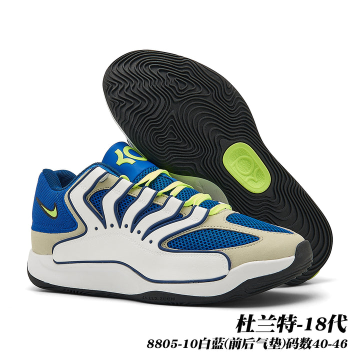 Blue, white and lime basketball sneakers with a black patterned outsole; image text identifies Durant 18, style 8805-10, sizes 40-46.