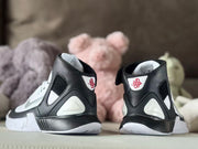 Rear view of the pair showing heel graphics, black collars, and white outsole sections.