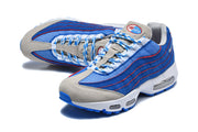 Pair of blue and grey Nike Air Max 95 TT sneakers viewed from above and the front.