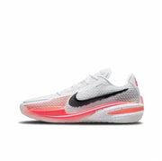 White GT Cut 1 sneaker with a black Swoosh, coral-pink forefoot and speckled white midsole.